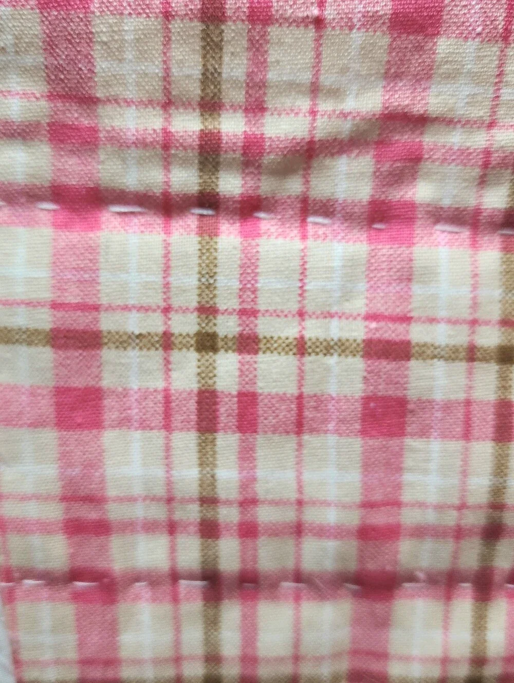 Hand Stitched Baby Quilt Pink Plaid 43x43 Whole Cloth